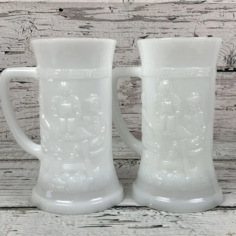 Federal Milk Glass Beer Steins: Tavern Scene, Moonglow Iridescent‎ - Set of 2
